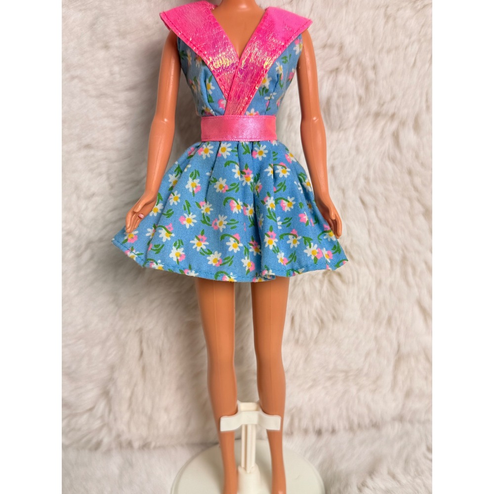 Vintage 1990s Barbie Doll Dress Blue Floral Pink Metallic Collar Mattel